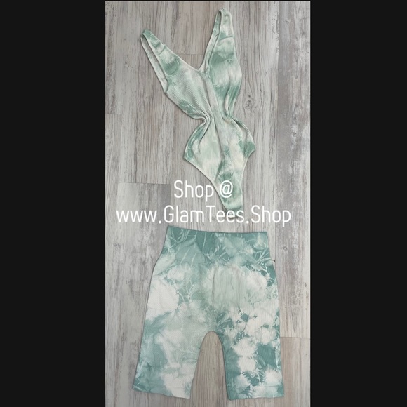 Tie Dye Biker Shorts Set - Green&White - Picture 4 of 4